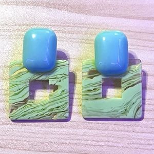 green & blue square earrings